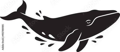 Black silhouette of a whale swimming, isolated on white background, clean vector style