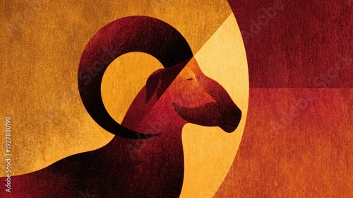 Ram profile with large curved horns against stylized sun and warm geometric panels, bold mythic animal illustration, symbolic strength emblem with retro desert palette