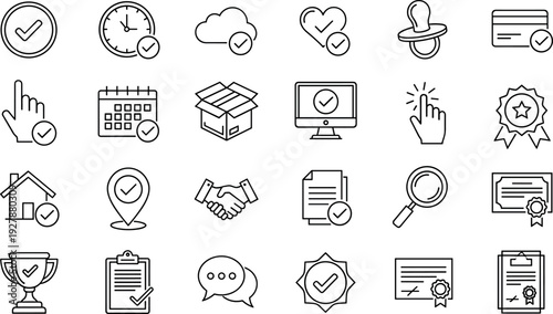 Approval and Verification Icon Set with Checkmarks, Certificates, Success Status, and Validation Symbols for Apps, Websites, Interfaces, and Vector Designs