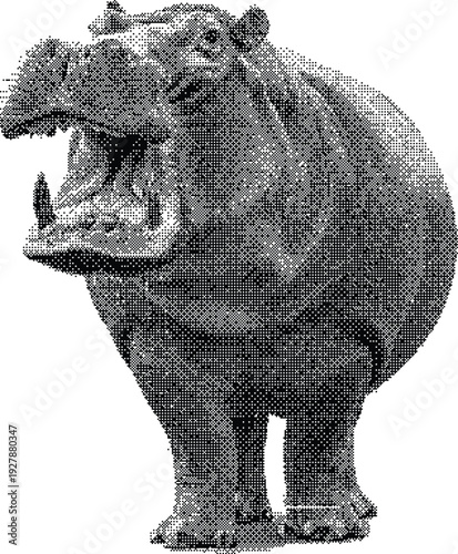 Majestic hippopotamus with open mouth in a vintage black and white halftone stipple art style isolated on a white background