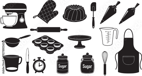 A black and white vector silhouette collection of baking utensils and ingredients, perfect for culinary themes, recipes, or bakery branding. Includes mixer, jars, and baking tools.