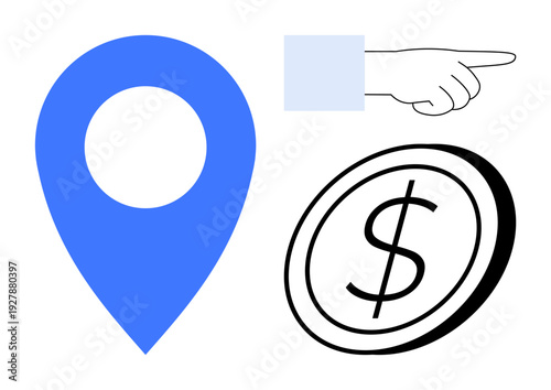 Navigation, financial concepts, location services, mapping tools, financial guidance, decision-making assistance. Blue location pin, pointing hand dollar icon. Navigation and financial concepts