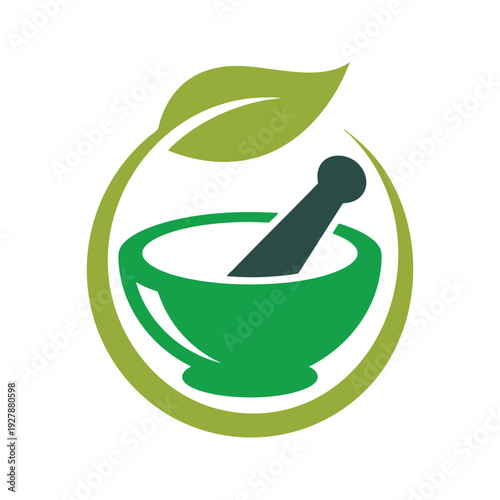 Ancient mortar and pestle symbolized with a green leafy frame for natural medicine