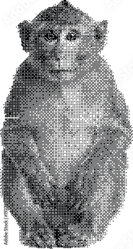 Detailed Monkey Portrait Illustration in Retro Monochrome Dithered Halftone Style Isolated on White Background for Creative Animal Graphics