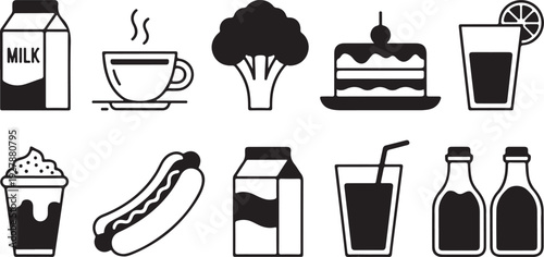 Simple black and white line icons showcase various common food and drink items and beverages
