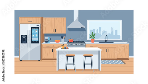 Modern kitchen interior with smart fridge and city view