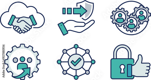 A collection of business and technology icons representing collaboration security and networking