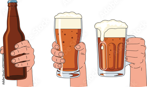 Hand holding beer bottle and frothy mugs set, alcoholic beverage vector illustration, bar drink collection isolated on white background