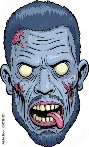 Cartoon zombie head with beard, glowing eyes, exposed wounds and creepy teeth, horror Halloween illustration for spooky design projects