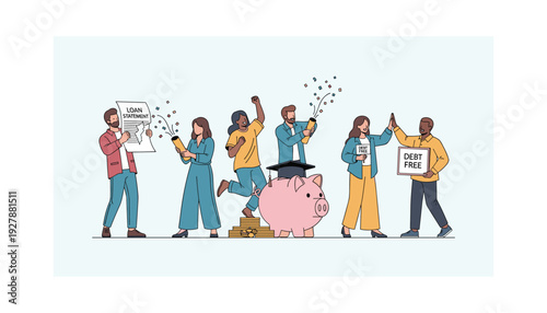 People celebrating financial freedom and debt repayment with piggy bank