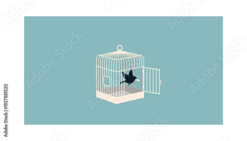 Bird flying out of open cage on teal background