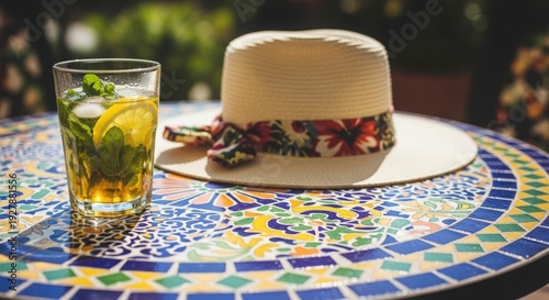 Refreshing iced tea with mint and lemon on a colorful mosaic table with a summer hat. Cool drink for hot day. Summer cafe relaxation.