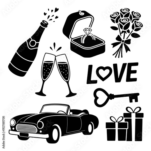 Romance and Celebration: A curated collection of elements evokes the spirit of love and commemoration, featuring a bottle of bubbly, a sparkling diamond ring, roses, and the word LOVE.