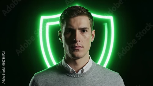 Video portrait featuring neon shield glow behind subject.