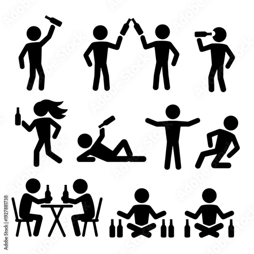 Symbolic of Revelry: A collection of simple human silhouettes engaging in the act of drinking and celebrating. capturing a sense of enjoyment and conviviality.