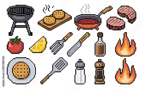 BBQ Essentials: A collection of pixel art illustrations showcases essential barbecue elements, from sizzling flames to grilled delicacies, perfect for any outdoor cooking adventure.