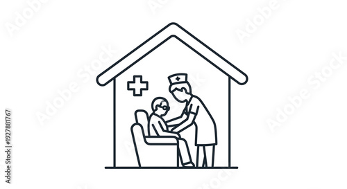 Nurse Caring for Patient in Home Healthcare Setting - Outline Icon