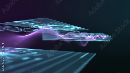 Futuristic technology circuit board with neon lights and data streams