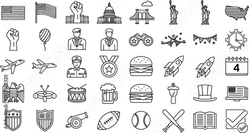 United States Patriotic Line Icon Set Featuring American Symbols, Government, Elections, Freedom, Sports, Holidays, and National Culture Elements