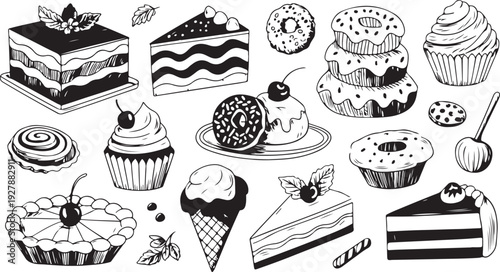 A delightful collection of hand drawn black and white dessert illustrations featuring cakes donuts and cupcakes