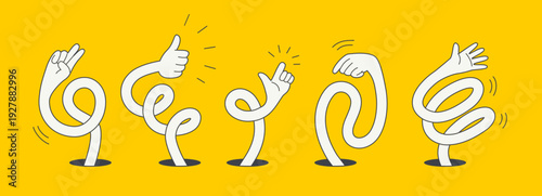 Playful illustration of five abstract hands emerging from holes, each making different gestures on a bright yellow background. The design conveys creativity and movement.