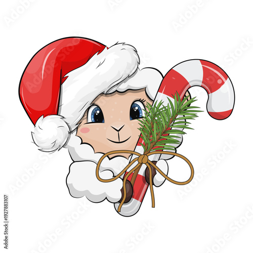 Cute cartoon Sheep with Santa hat and Christmas candy cane. New year vector illustration of animal and sweet food on white background.
