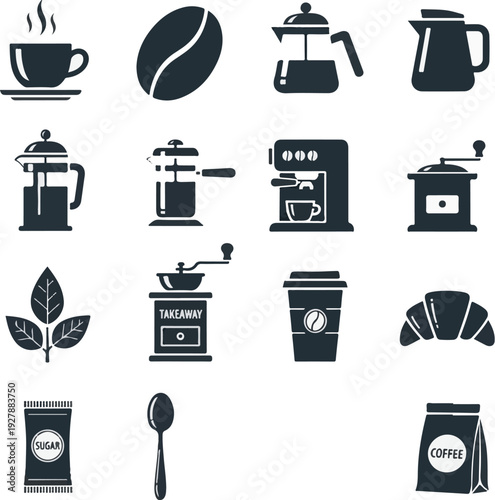 A collection of coffee icons on a white background