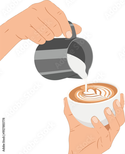 A person pouring steamed milk into a cup of coffee
