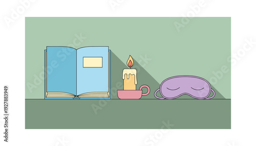 Cozy bedtime routine with book candle and sleep mask