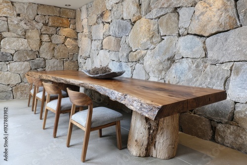 Live edge wooden dining table with natural stone wall.