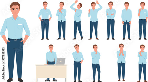 Business man character poses collection, office worker gestures emotions set, professional male avatar icons, flat vector illustration pack