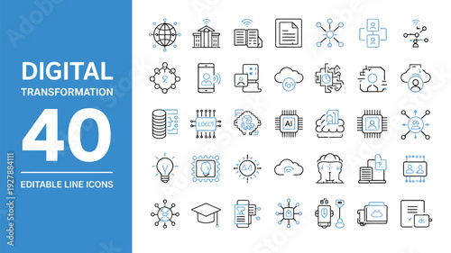Digital transformation technology icons set representing innovation automation data and modern business