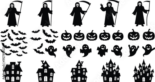 Black-and-white vector silhouette illustration of Halloween icons including Grim Reapers, bats, jack-o’-lanterns, ghosts, and haunted houses, symbolizing spooky, festive, and decorative themes