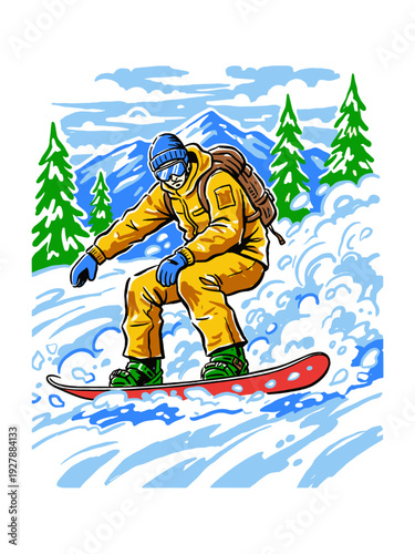 Dynamic snowboarder graphic design. Winter mountain sport illustration. Freeride adventure concept art.