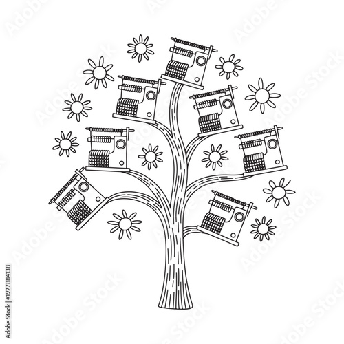 A whimsical illustration depicts a tree growing vintage cassette tapes instead of leaves and flowers high quality