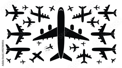 Airplane silhouettes collection showing various aircraft shapes for aviation and air transport design
