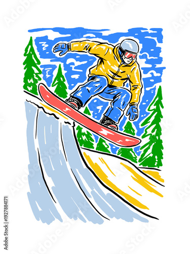 Dynamic snowboarder illustration in action. Winter extreme sport vector graphic. Mountain adventure recreation artwork.