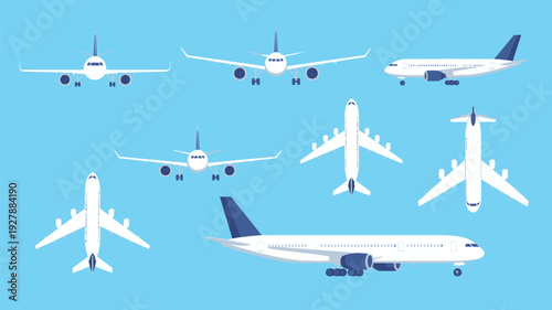 Airplane flying icons set with different aircraft views for aviation travel and transport concept