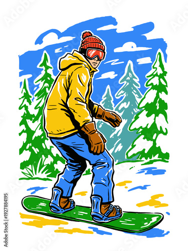 Dynamic snowboarder illustration. Retro winter sport adventure. Mountain slopes fun graphic design. Active lifestyle concept.