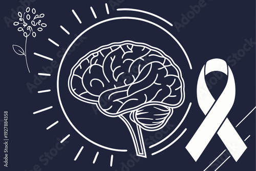White line art vector illustration symbolizing mental health awareness featuring a stylized human brain alongside an awareness ribbon and delicate floral element
