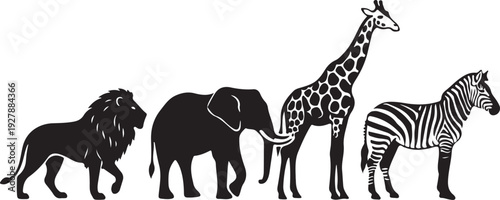 wild animal silhouette collection lion elephant giraffe zebra isolated white background.