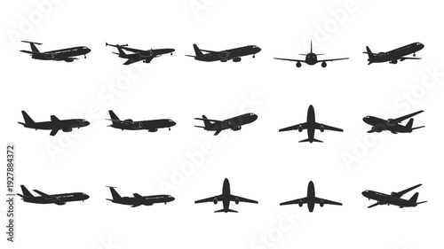 Airplane silhouette collection showing aircraft landing flying and aviation transport icons
