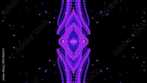 Abstract purple and blue symmetrical shapes with sparkling particles on black background.