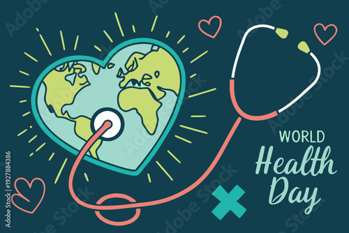 Stylized vector graphic illustration depicts a glowing heart shaped earth being examined by a stethoscope for world health day awareness