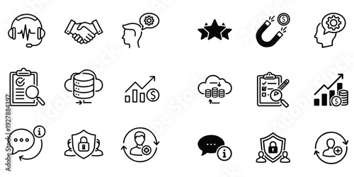 Customer relationship management CRM icon set. Containing marketing, data, report, strategy, manager, audience and more. Solid vector icons collection.