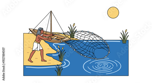 Man Pulling Fishing Net on Shore.