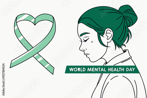 This vector illustration symbolizes world mental health day featuring a thoughtful woman in profile beside a comforting mint green awareness ribbon shaped like a heart