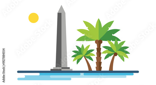Obelisk Monument with Palm Trees and Sun.