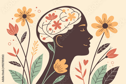 "Mental Wellness Bloom – Abstract Human Head Vector Illustration of Brain, Growth, and Inner Peace"