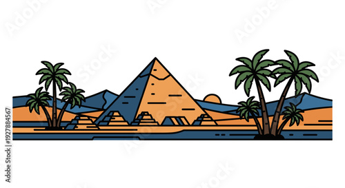 Pyramid Landscape with Palm Trees Illustration.